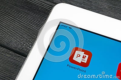 Microsoft office Powerpoint application icon on Apple iPad Pro screen close-up. PowerPoint app icon. Microsoft Power Point applica Editorial Stock Photo