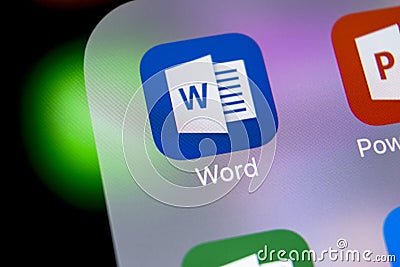 Microsoft word application icon on Apple iPhone X screen close-up. Microsoft office word icon. Microsoft office on mobile phone. Editorial Stock Photo