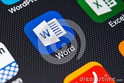 Microsoft Word application icon on Apple iPhone X screen close-up. Microsoft Word icon. Microsoft office on mobile phone. Social Editorial Stock Photo