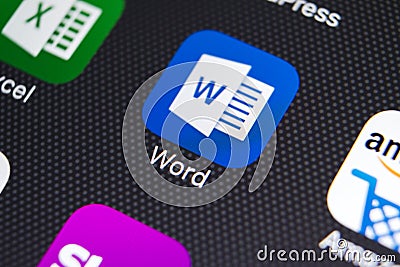 Microsoft word application icon on Apple iPhone X screen close-up. Microsoft word icon. Microsoft office on mobile phone. Social Editorial Stock Photo