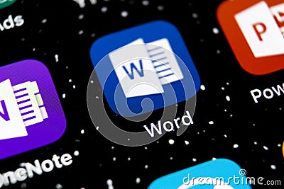 Microsoft Word application icon on Apple iPhone X screen close-up. Microsoft office word icon. Microsoft office on mobile phone. S Editorial Stock Photo