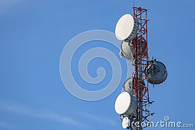 Microwave backhaul antennas on communication tower Stock Photo