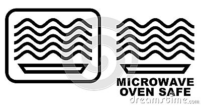 Microwave oven safe item symbol. Simple black lines plate drawing with waves above. Graphic symbol only and also version with tex Vector Illustration