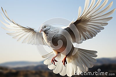Mid air flight of a white feathered homing pigeon bird Stock Photo