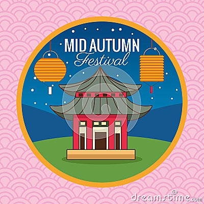 Mid autumn celebration card with castle and lanterns Vector Illustration