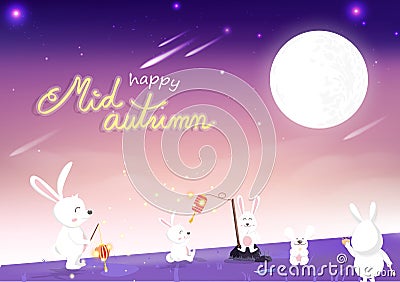 Mid autumn, cute bunny cartoon with full moon nature landscape fantasy miracle, invitation poster card happy festival celebration Vector Illustration