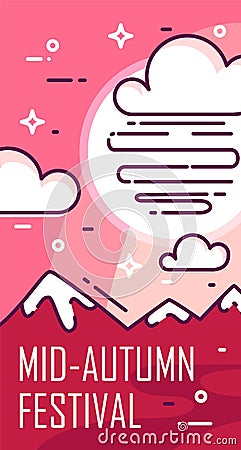 Mid-Autumn Festival card with clouds and mountains on pink background. Thin line flat design. Vector Vector Illustration
