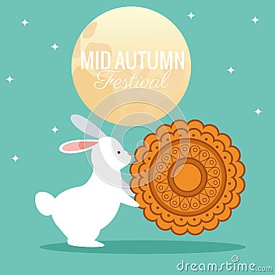 Mid autumn festival celebration with fullmoon and rabbit lifting lace Vector Illustration