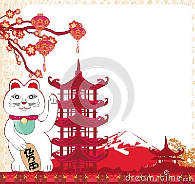 Mid-Autumn Festival for Chinese New Year- card with Maneki Neko Cat wishing Good Luck Vector Illustration