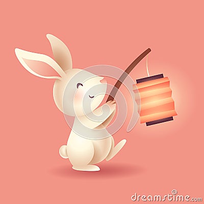 Mid Autumn Festival. Cute rabbit holding a chinese oriental lantern Vector Illustration
