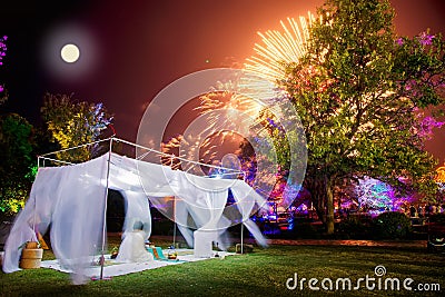 Mid Autumn Festival fireworks display the full moon Editorial Stock Photo