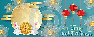 Mid Autumn festival greeting card with cute rabbit with moon cake, flowers, red lantern and full moon on green background Cartoon Illustration