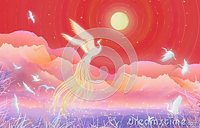 Mid-Autumn Festival moon cake festival, a hundred birds toward the phoenix flower good moon round illustration packaging Cartoon Illustration