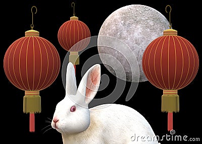 A Mid-Autumn Festival theme poster showing a full moon, a white rabbit and oriental lanterns Cartoon Illustration