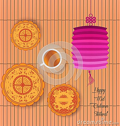 Mid Autumn Lantern Festival background with moon cake and chinese tea. Stock Photo