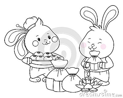 Mid autumn rabbits couple eating food cartoon in black and white Vector Illustration