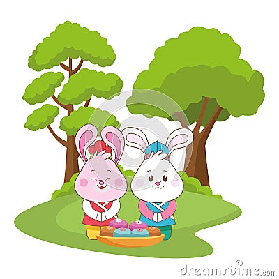 Mid autumn rabbits couple eating food cartoon Vector Illustration