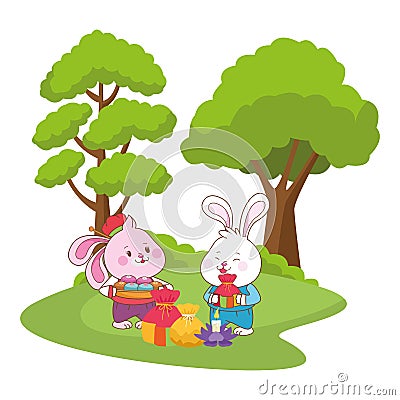 Mid autumn rabbits couple eating food cartoon Vector Illustration