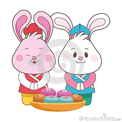 Mid autumn rabbits couple eating food cartoon Vector Illustration