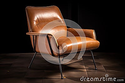 mid-century armchair with plush leather seating and distinctive metal legs Stock Photo