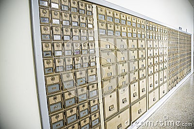 Mid-Century Design Brass Post Office Mailboxes Editorial Stock Photo