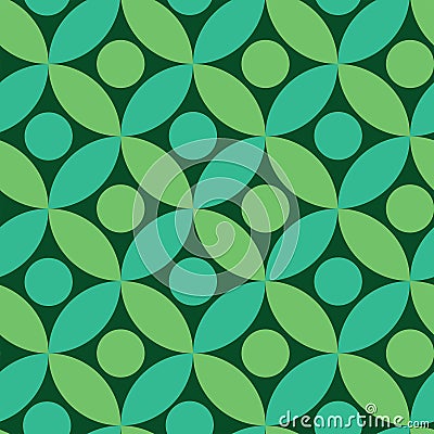 Mid century dots on lime green and mint green circles seamless pattern on dark background. Vector Illustration