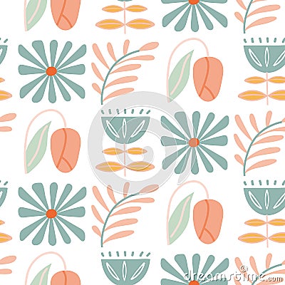 Mid century floral and botanical seamless pattern. Pastel colors pattern of tulip, leaf, flower, daisy Vector Illustration