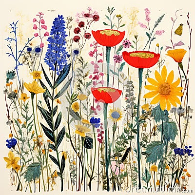 Mid-century Inspired Watercolor Wildflower Painting With Collage Elements Cartoon Illustration