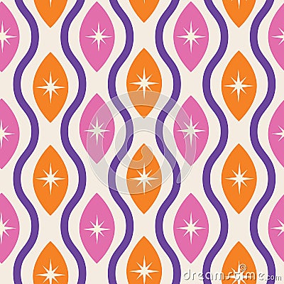 Mid Century modern atomic starbursts seamless pattern on pink and orange ovals ogee shapes between purple waves Vector Illustration