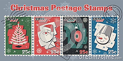 Christmas and New Year Postage Stamps Set Vector Illustration