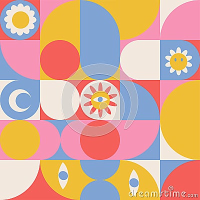 Mid-century modern geometric 60 s and 70 s style vector seamles pattern. Checkered retro minimalist textile or fabric Vector Illustration