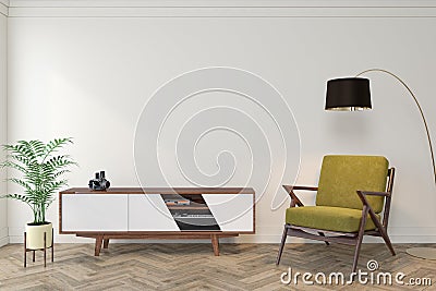 Mid century modern interior empty room with white wall, dresser, console, yellow lounge chair, armchair. Cartoon Illustration