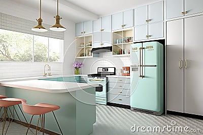 mid-century modern kitchen, with vintage appliances and sleek design elements Stock Photo