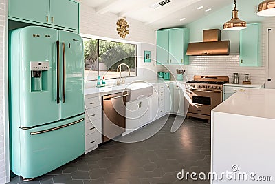 mid-century modern kitchen, with vintage appliances and sleek design elements Stock Photo