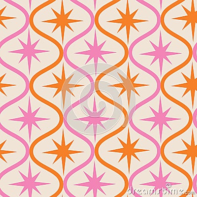 Mid century modern pink and orange atomic starbursts on retro ogee shapes seamless pattern on white background . For wallpaper, Vector Illustration