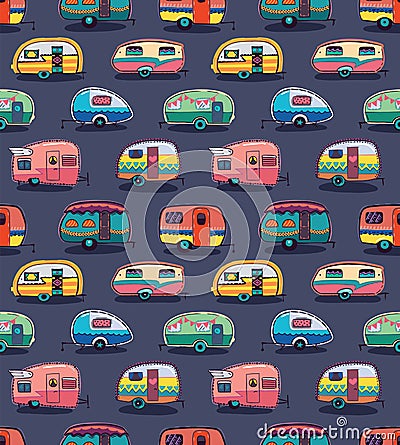 Mid fifties cartoonish campers pattern Vector Illustration