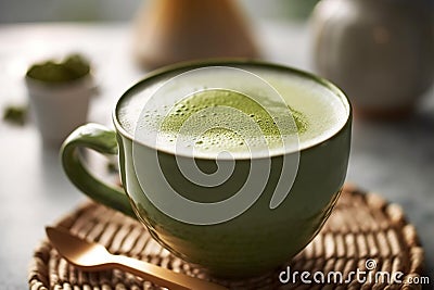 Mid-Morning Matcha Delight on Marble Countertop Stock Photo