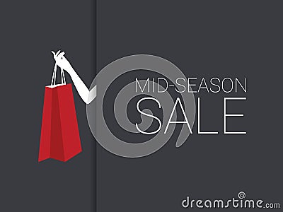 Mid season sale poster with woman hand holding red shopping bag. Discounts promotion banner. Vector Illustration