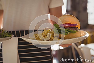 Mid section of waiter holding plate with burger and French fries Stock Photo