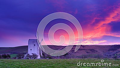 Mid-winter sunset over Ashcombe Mill near Kingston and Brighton on the South Downs, East Sussex, UK Editorial Stock Photo