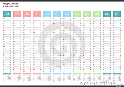 2022 - 2023 mid year wall planner. Academic year. Perfect for home schooling plan, schedule. Organizer, yearly planner template. Vector Illustration