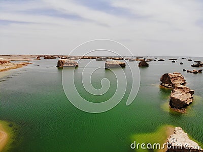 The midair view of Yardan National Geological Park, Qinghai, China. Yardang has been created over time by the soft part of the Stock Photo