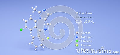 midazolam molecule, molecular structures, benzodiazepines, 3d model, Structural Chemical Formula and Atoms with Color Coding Stock Photo
