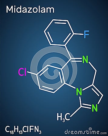 Midazolam molecule. Is a short-acting drug with anxiolytic, anticonvulsant, hypnotic, muscle relaxant, sedative, amnesic Vector Illustration