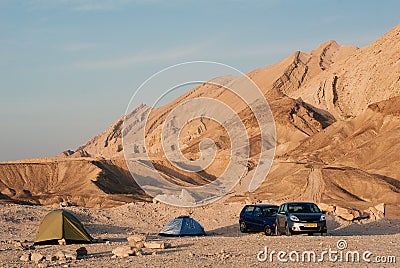 Campinf at Midbar Yehuda hatichon reserve in the judean desert in Israel, mountain landscape, wadi near the dead sea, travel Stock Photo