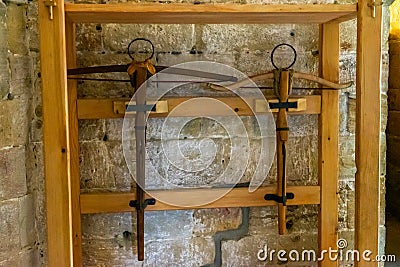 Middle Age crossbows at Foix Castle in France Stock Photo