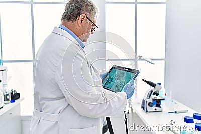 Middle age grey-haired man wearing scientist uniform looking embryology image touchpad at laboratory Stock Photo