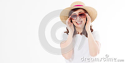 Middle age happy woman in summer hat, sunglasses. Summertime skin protection, fashion accessories. Female in blank template white Stock Photo