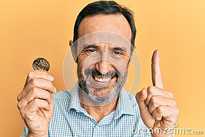 Middle age hispanic man holding virtual currency ethereum coin smiling with an idea or question pointing finger with happy face, Editorial Stock Photo