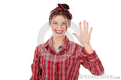 Woman showing hand up with fingers number five Stock Photo